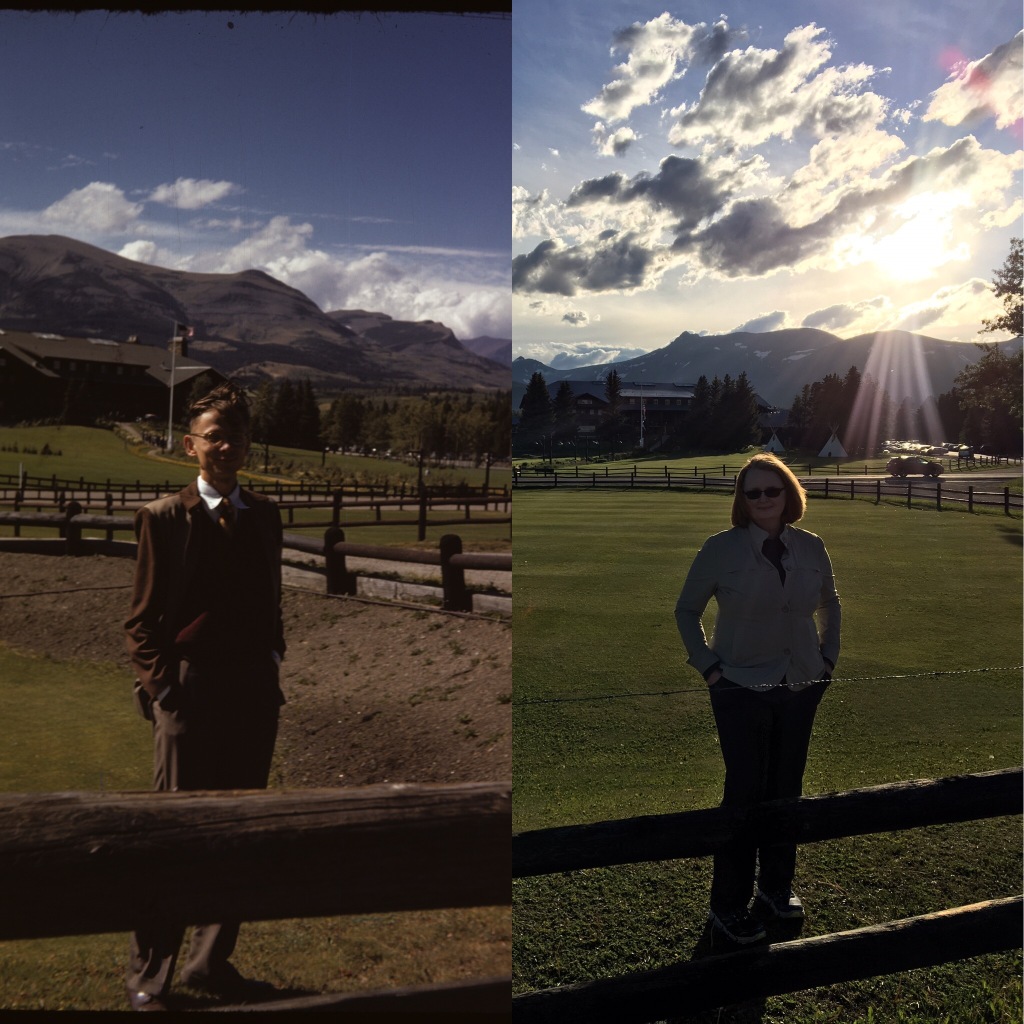 The photo on the left is my late father Martin J. Walsh Jr., in 1948, taken with Kodachrome. I'm on the right, photo taken with an iPhone 6s. Glacier Park, Inc. National Park Service.